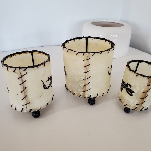 Raw Cowhide Set Of 3 Lizard Candle Holders Brown Metal Frames Southwestern Boho - Picture 4 of 12